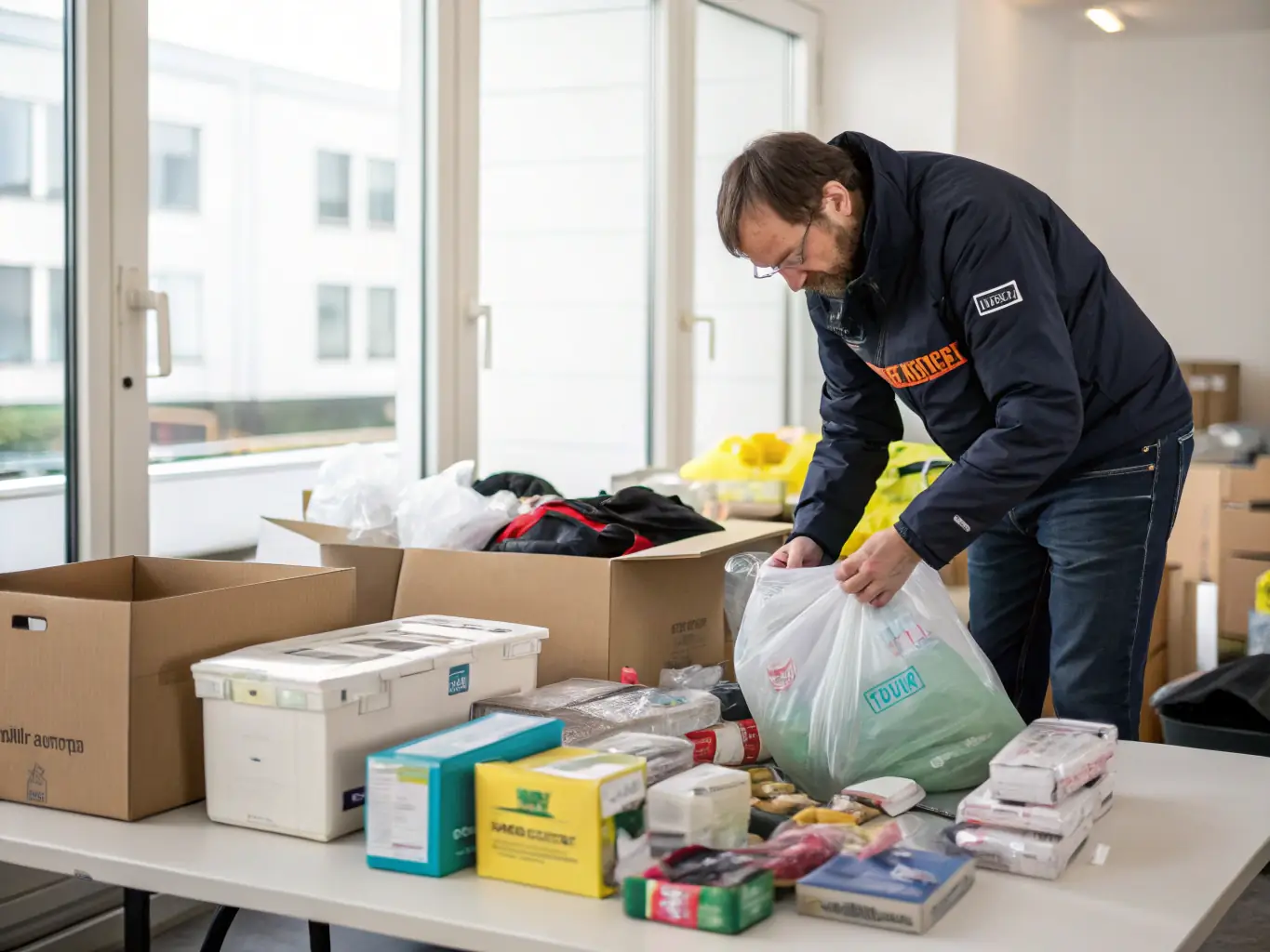 A team of PlatzKlar professionals sorting through items in a cluttered room, showcasing the Entrümpelung (decluttering) process. The image should convey efficiency and care.