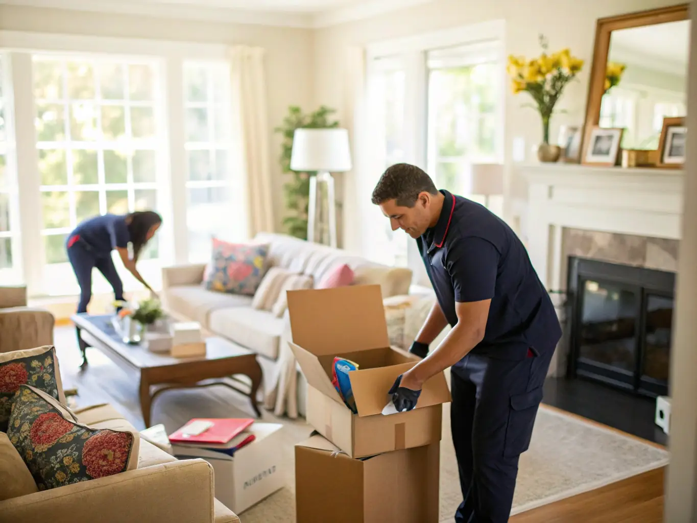 A family home being cleared out by PlatzKlar, with the team carefully handling belongings during a Haushaltsauflösungen (household clearance). The image should evoke sensitivity and respect.