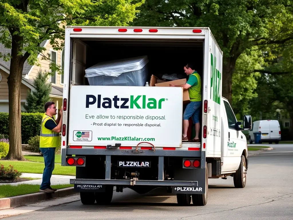 A PlatzKlar truck loaded with bulky waste items, ready for Sperrmüllentsorgung (bulky waste disposal). The image should demonstrate the scale and efficiency of the service.